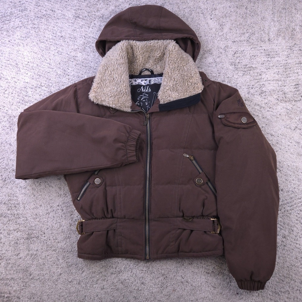 Nils Ski Jacket Womens 10 Bomber Down 550 Insulated Coat Hooded Full Zip Brown